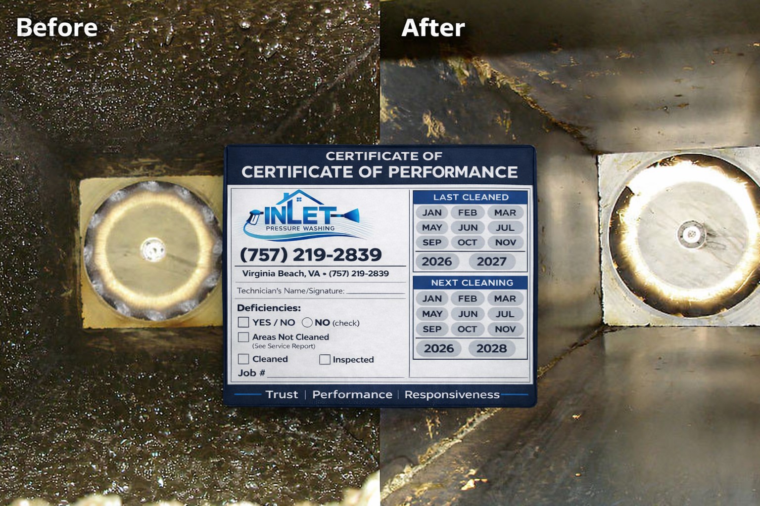 Before and after commercial exhaust fan and duct cleaning in Virginia Beach restaurant showing heavy grease removal