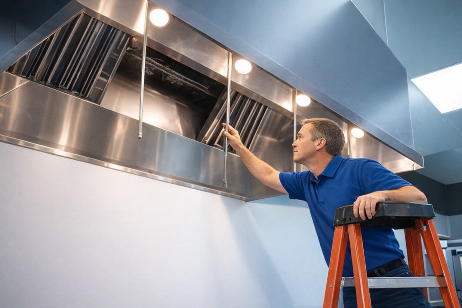 Technician performing pre-inspection of commercial kitchen exhaust hood system in Virginia Beach