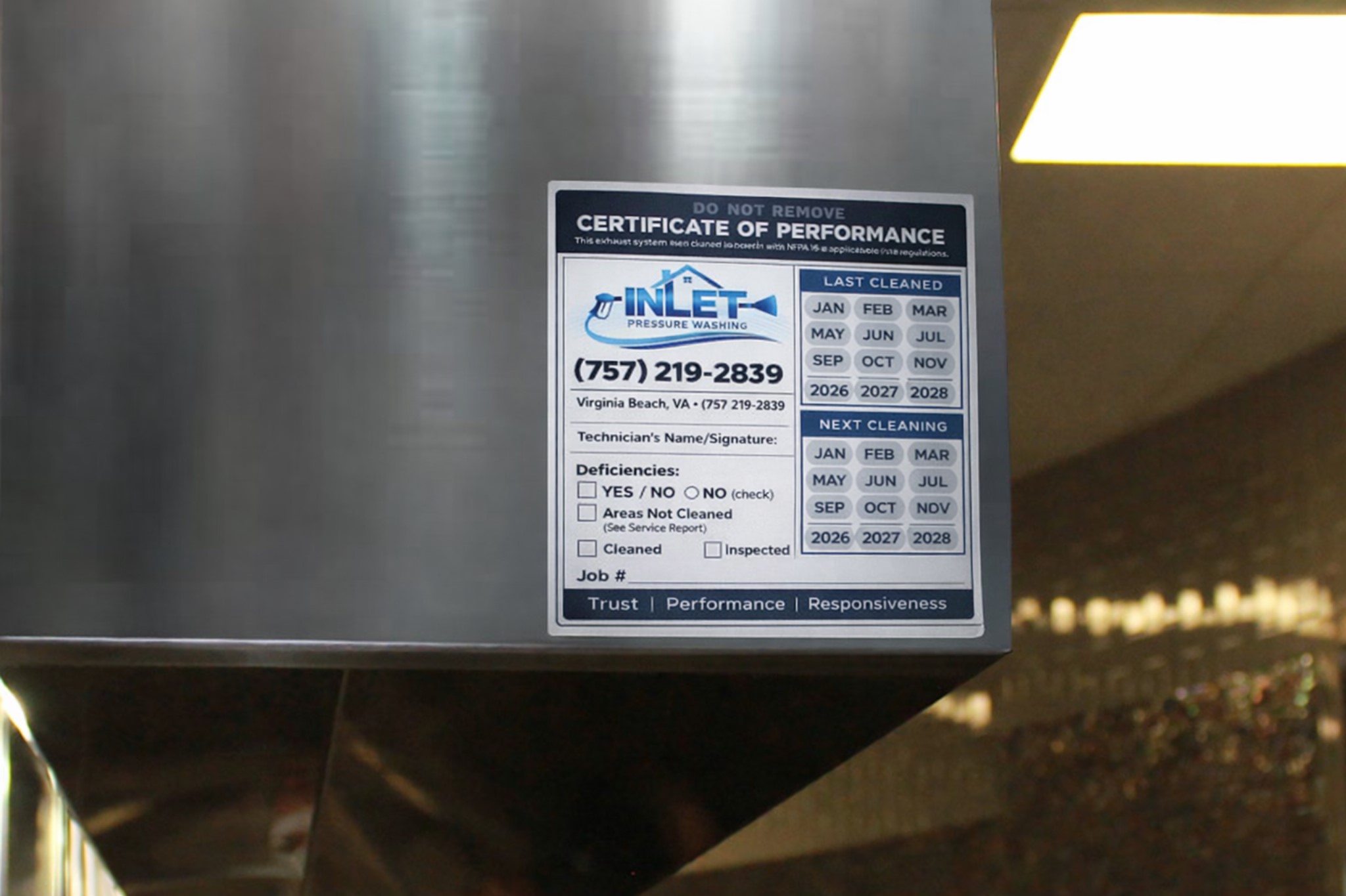 NFPA 96 certificate of performance label applied after commercial kitchen hood cleaning in Virginia Beach